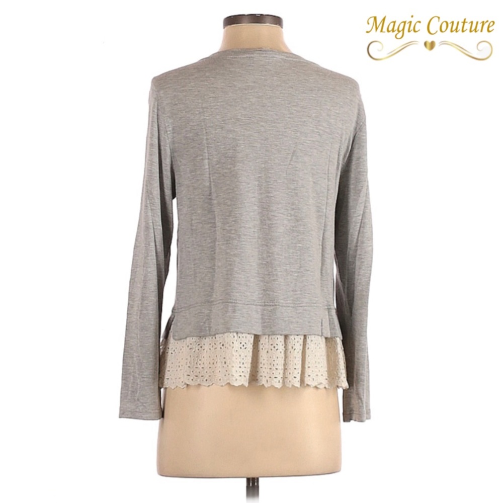 Rebecca Taylor Gray Jersey Knit Contrast Lace Trimmed Topπ€π€π€ - Picture 2 of 10